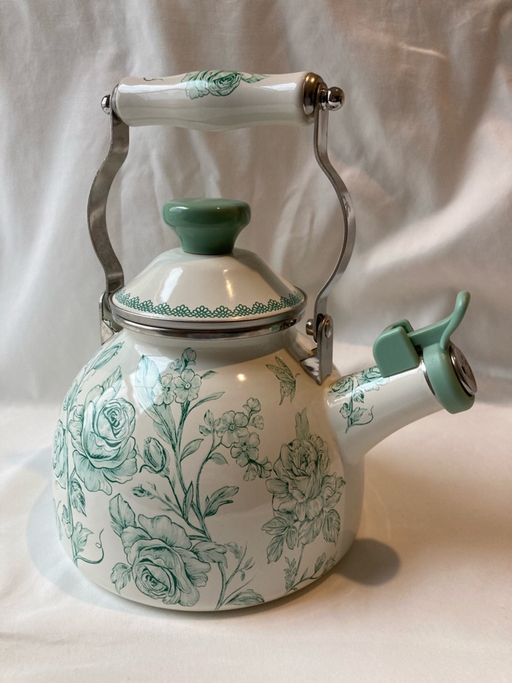 Pioneer Woman Agatha Enamel on Steel 2Qt Whistling Tea Kettle Floral Green White